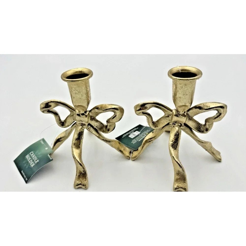 Hobby Lobby Gold Bow Taper Candle Holders Set of 2 Metal Christmas Decor NEW